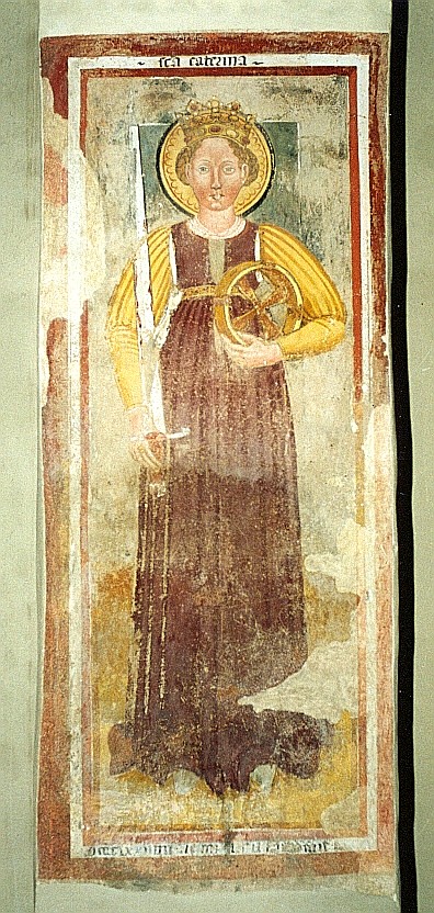 Fresco van Catharina (rond 1500) in de San Stefanokerk in Miglieglia in het kanton Ticino in Zwitserland.